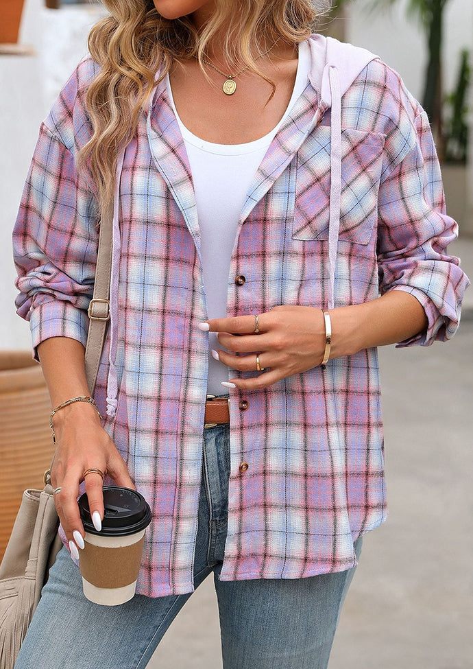 Hooded Pocket Detail Button Up Plaid Shirt