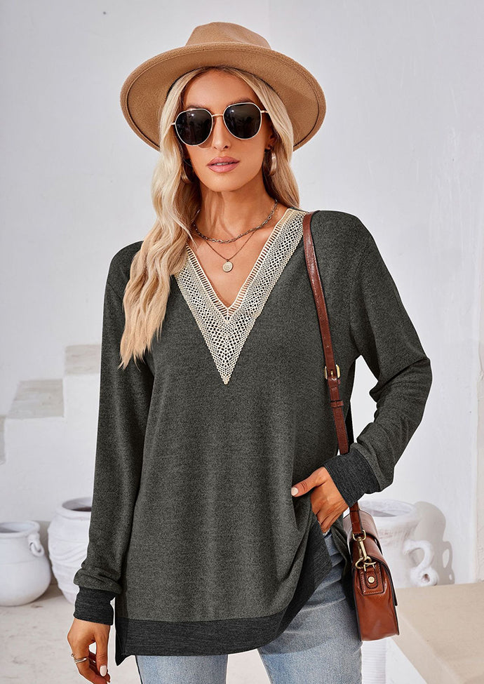 Lace Inset V Neck Side Split Tunic