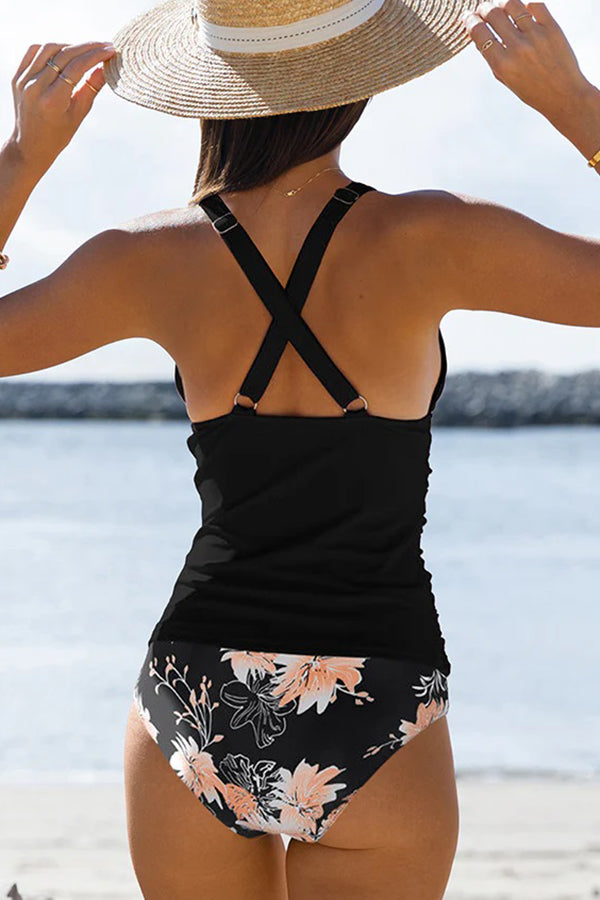 Coral & Floral Two-Tone Tankini Set - Swimwear from Cindelily