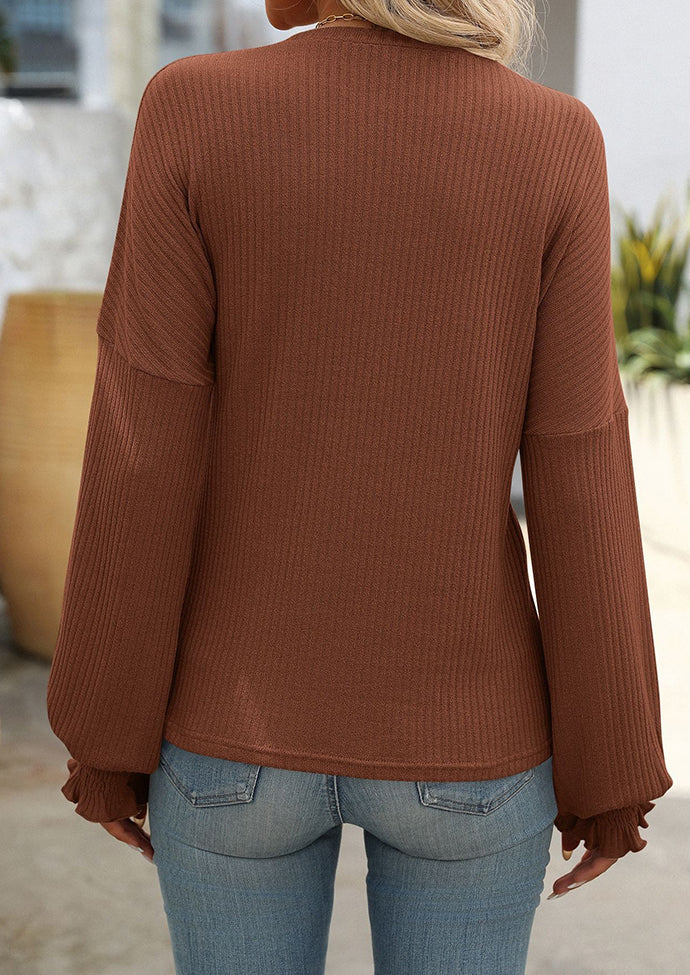 Textured Smocked Cuff Crew Neck Casual T-shirt