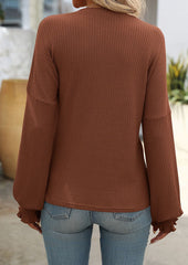 Textured Smocked Cuff Crew Neck Casual T-shirt