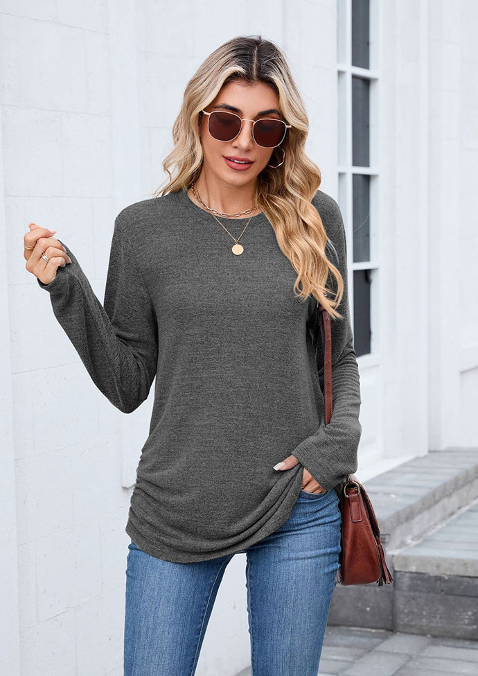 Side Pleated Crew Neck Long Sleeve T-shirt