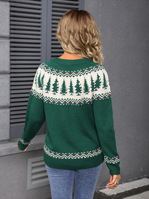 Jacquard Christmas Tree Knitted Sweater-Green