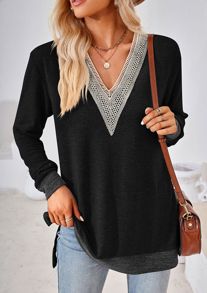Lace Inset V Neck Side Split Tunic