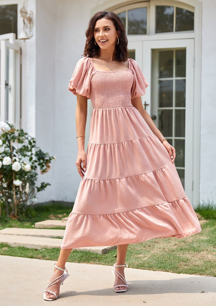 Square Neckline Puff Sleeve Smocked Maxi Dress