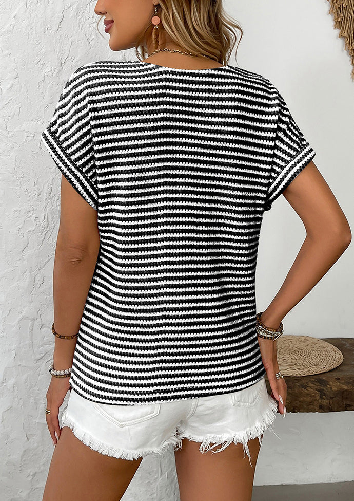 Striped Contrast V Neck Knitted T-shirt