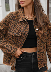 Leopard Print Raw Hem Denim Casual Jacket