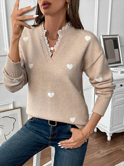 V Neck Lace Splicing Heart Jacquard Sweater
