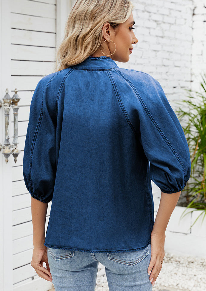 Button Detail Tie Bow Denim Half Sleeve Blouse