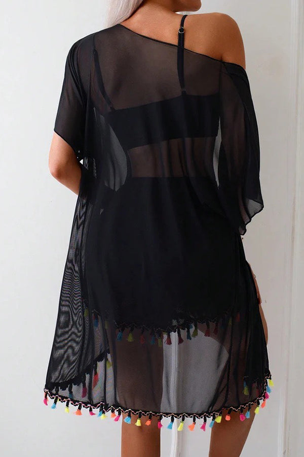 Striped Tassel Kimono Bikini & Shorts 4-Piece Set - Swimwear from Cindelily