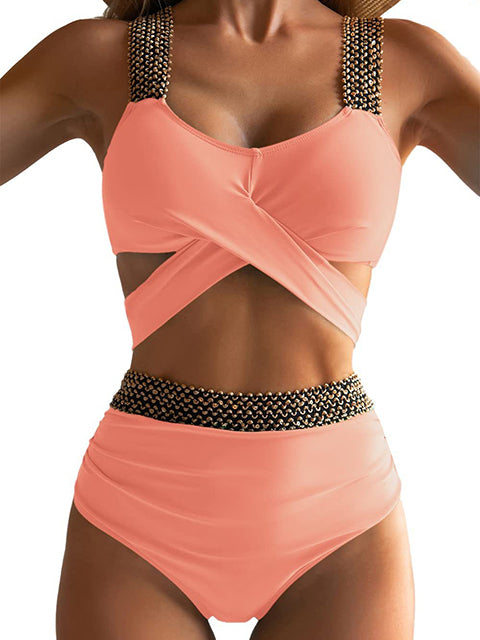 Solid Patchwork Crossed Bikini Sets