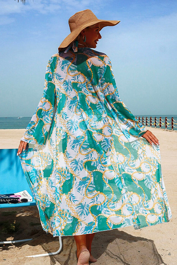 Chain Tropical Print Halter Bikini & Mesh Cover-Up 3-Piece Set - Swimwear from Cindelily