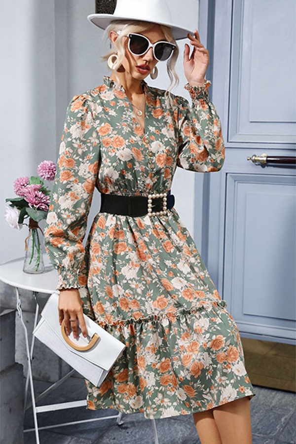 Floral Smocked Waist V Neck Mide Dress - Dresses from Cindelily