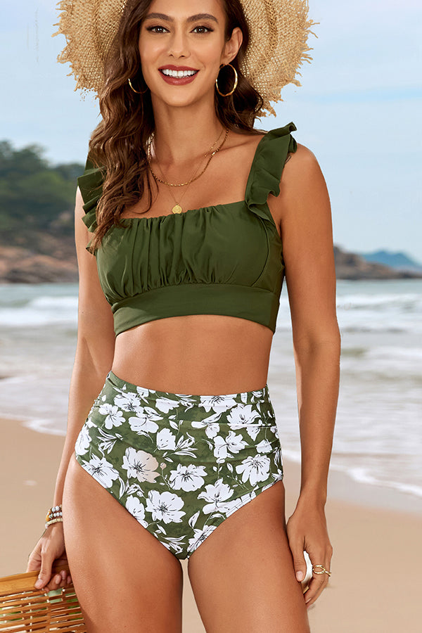 Ruffle Strap Ruched Front Bikini Set Green - Swimwear from Cindelily