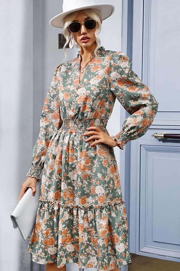Floral Smocked Waist V Neck Mide Dress Green - Dresses from Cindelily