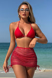 Halter Bikini & Sheer Cover-Up 3-Piece Set Red - Swimwear from Cindelily