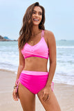 Cross Twist Color Block Side Tie Bikini Set Pink & Hot Pink - Swimwear from Cindelily