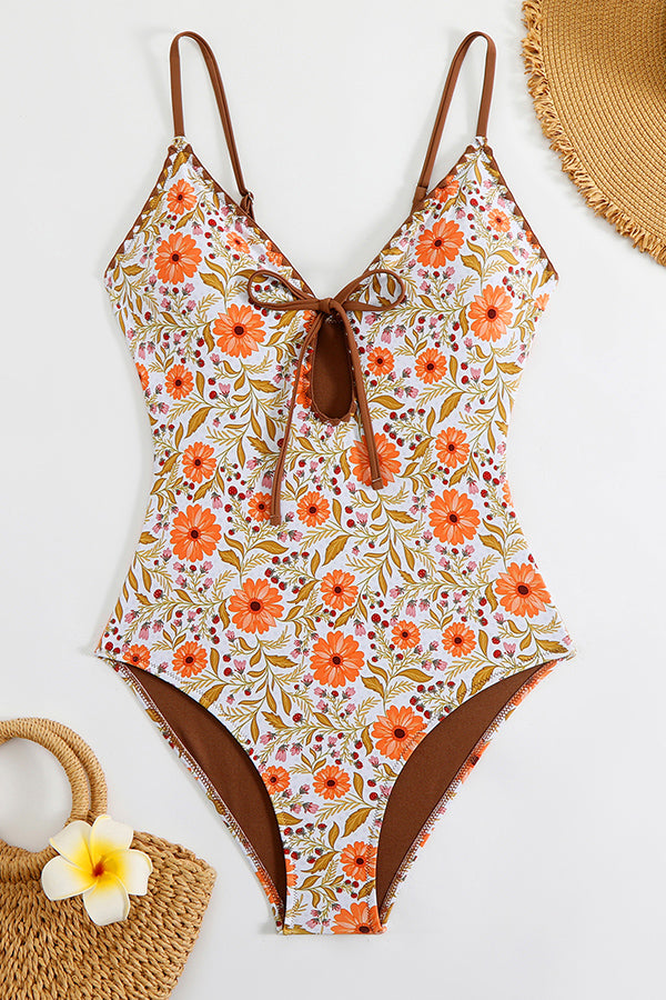 Floral Cutout Front Tie One Piece Swimwear - Swimwear from Cindelily