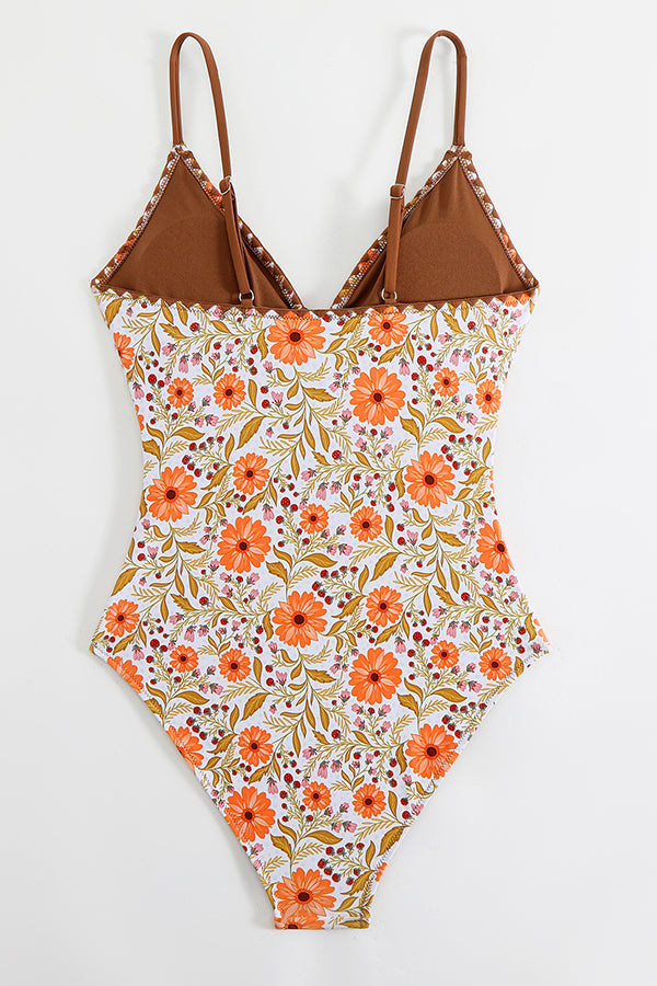 Floral Cutout Front Tie One Piece Swimwear - Swimwear from Cindelily