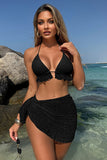 Lace Ruffled Halter Bikini & Cover-Up 3-Piece Set Black - Swimwear from Cindelily