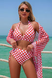 Checkered Print Halter Bikini & Cover-Up 3-Piece Set Red - Swimwear from Cindelily