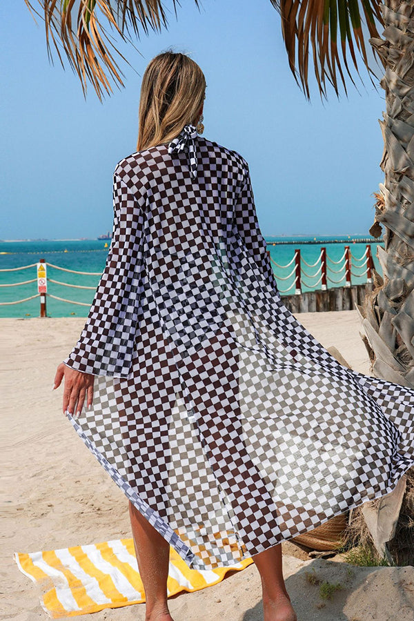 Checkered Print Halter Bikini & Cover-Up 3-Piece Set - Swimwear from Cindelily