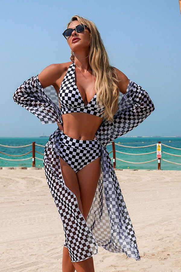 Checkered Print Halter Bikini & Cover-Up 3-Piece Set Black - Swimwear from Cindelily