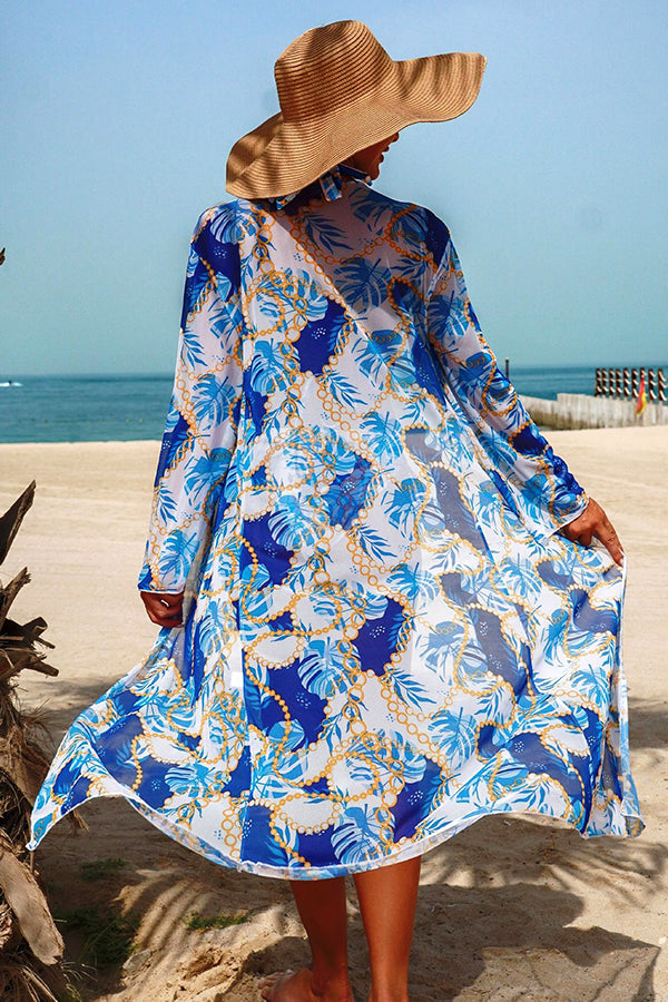 Chain Tropical Print Halter Bikini & Mesh Cover-Up 3-Piece Set - Swimwear from Cindelily