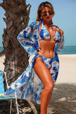 Chain Tropical Print Halter Bikini & Mesh Cover-Up 3-Piece Set Blue - Swimwear from Cindelily