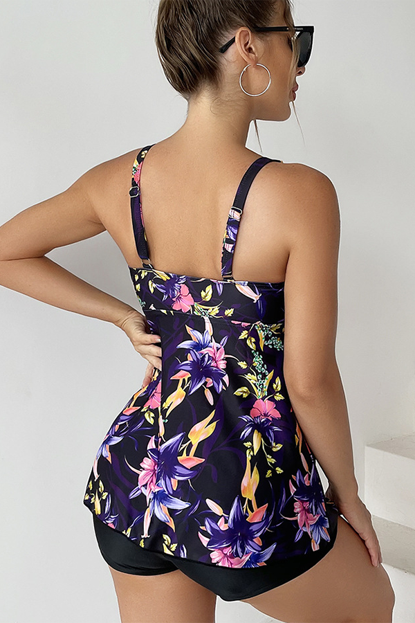 Flroal Print Drawstring Tie Front Tankini Set - Swimwear from Cindelily