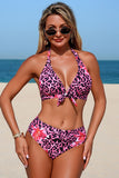 Leopard Floral Print Halter Bikini & Cover-Up 3-Piece Set - Swimwear from Cindelily