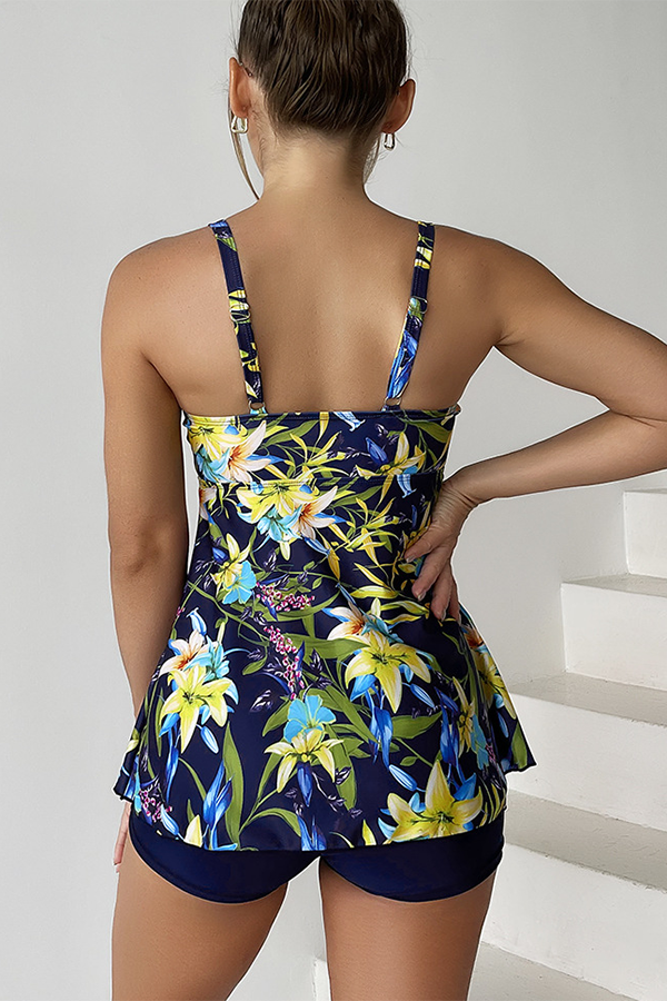 Flroal Print Drawstring Tie Front Tankini Set - Swimwear from Cindelily