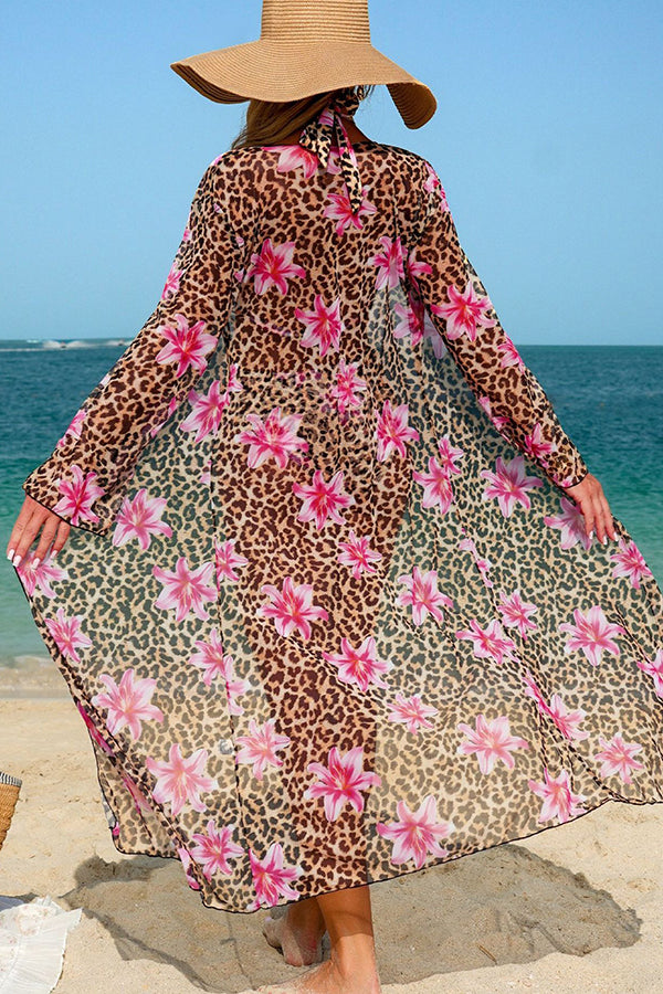 Leopard Floral Print Halter Bikini & Cover-Up 3-Piece Set - Swimwear from Cindelily