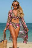 Leopard Floral Print Halter Bikini & Cover-Up 3-Piece Set Khaki - Swimwear from Cindelily