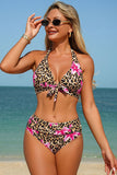 Leopard Floral Print Halter Bikini & Cover-Up 3-Piece Set - Swimwear from Cindelily