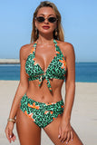 Leopard Floral Print Halter Bikini & Cover-Up 3-Piece Set - Swimwear from Cindelily