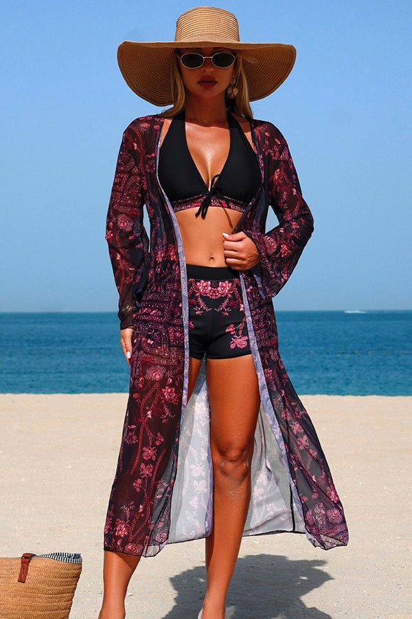 Vintage Print Halter Bikini Shorts & Cover-up 3-Piece Set Pink - Swimwear from Cindelily