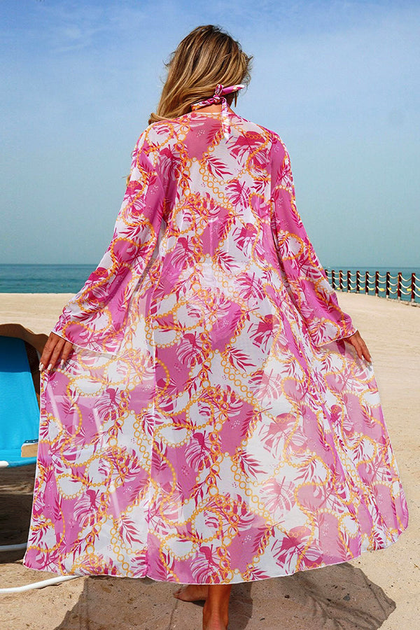 Chain Tropical Print Halter Bikini & Mesh Cover-Up 3-Piece Set - Swimwear from Cindelily