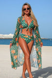 Leopard Floral Print Halter Bikini & Cover-Up 3-Piece Set Green - Swimwear from Cindelily