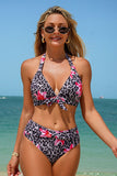 Leopard Floral Print Halter Bikini & Cover-Up 3-Piece Set - Swimwear from Cindelily
