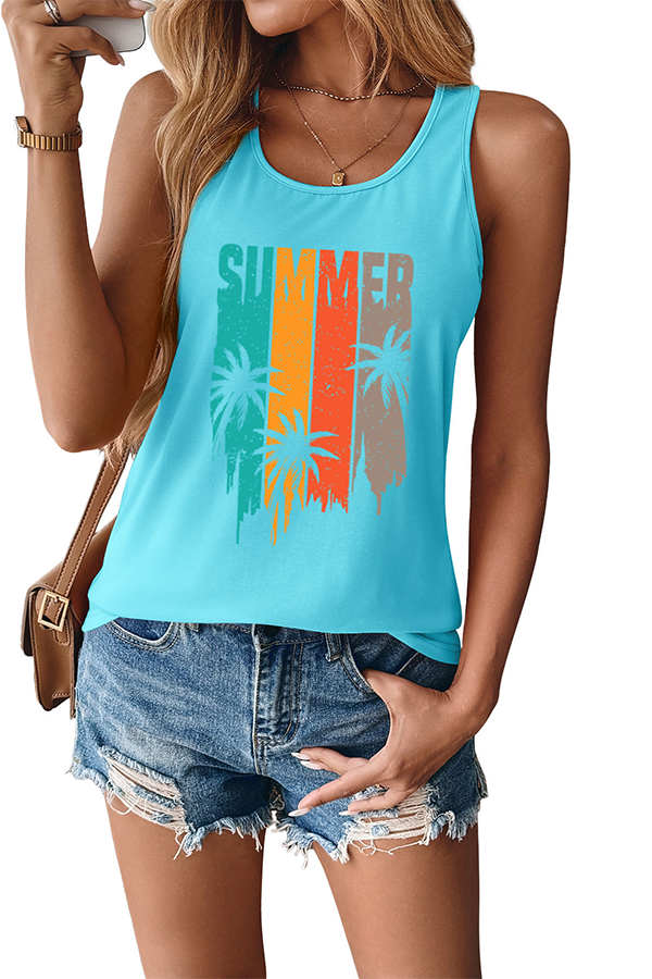 Retro SUMMER Palm Tree Graphic Tank Top Light blue - Tops from Cindelily