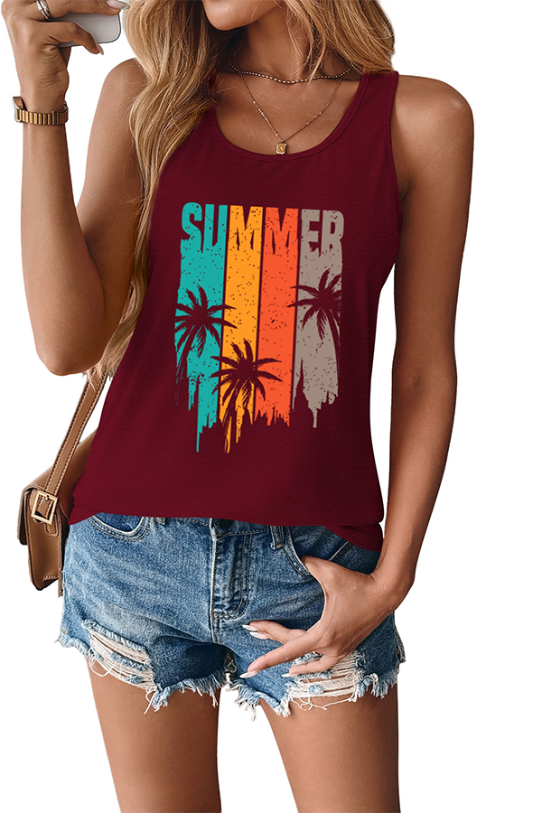 Retro SUMMER Palm Tree Graphic Tank Top Dark red - Tops from Cindelily
