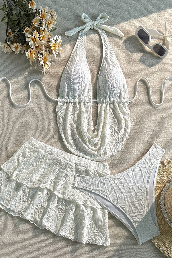 Textured Halter Bikini & Skirt 3-Piece Set - Swimwear from Cindelily