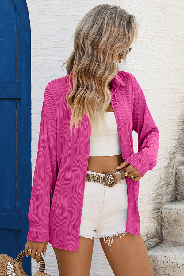 Textured Oversized Button-Down Shirt Hot pink - Tops from Cindelily