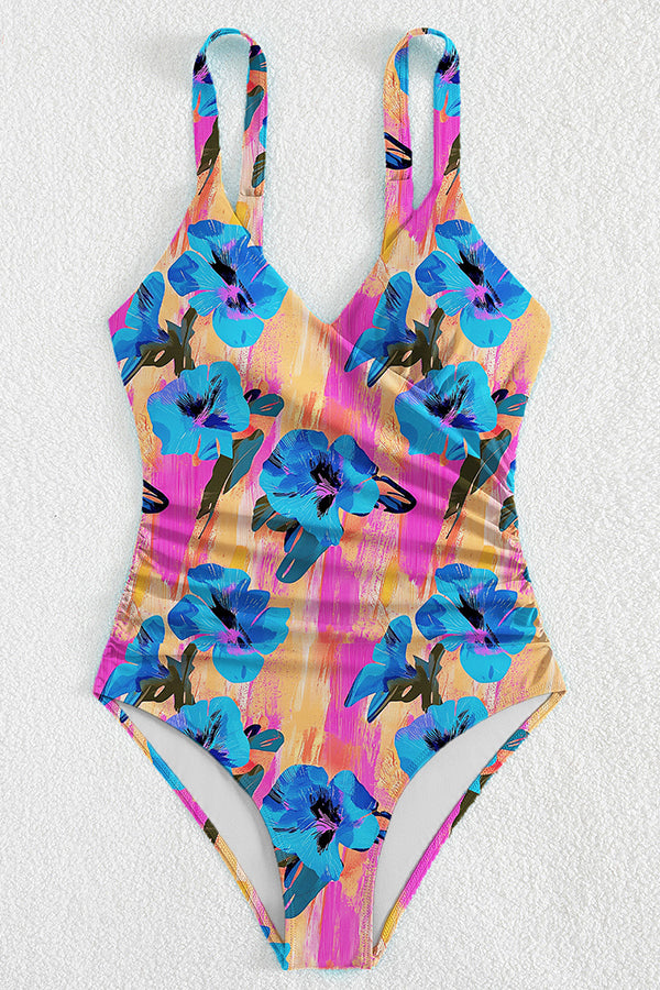 Tropical Floral Plunge One-Piece Swimsuit - Swimwear from Cindelily