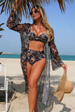 Vintage Print Bikini & Sheer Cover-Up 3-Piece Swim Set Black & gold - Swimwear from Cindelily