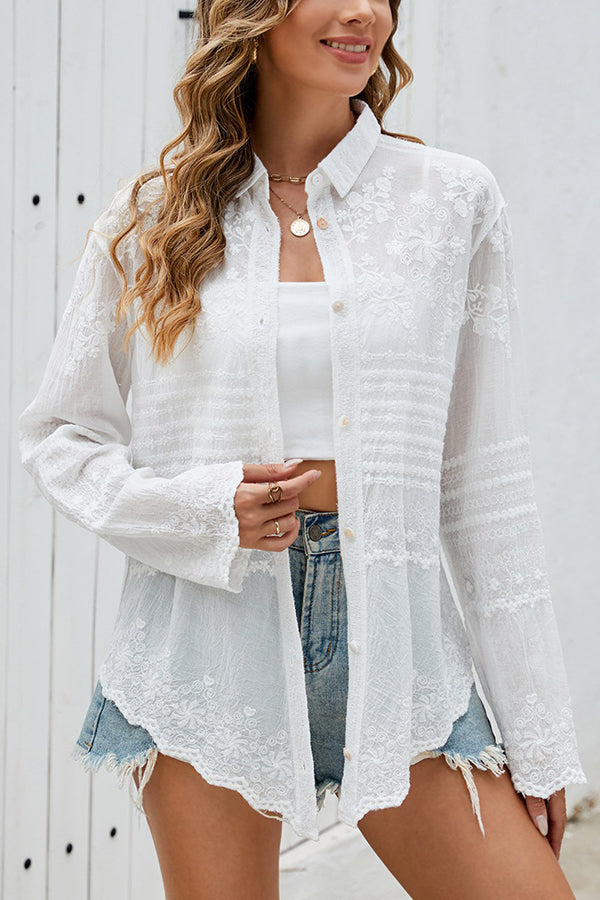 White Lace Embroidered Sheer Shirt Cover-Up - Cover-Up from Cindelily