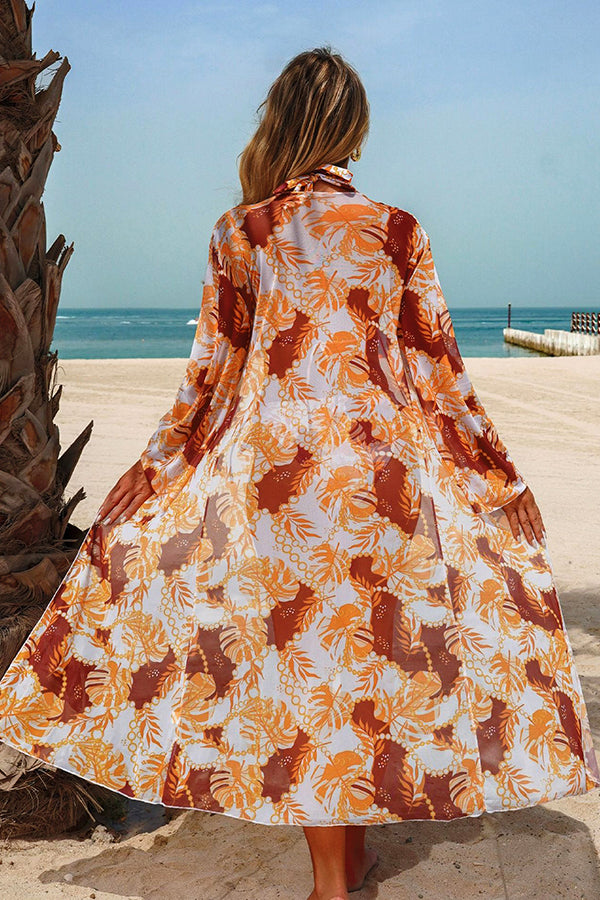 Chain Tropical Print Halter Bikini & Mesh Cover-Up 3-Piece Set - Swimwear from Cindelily